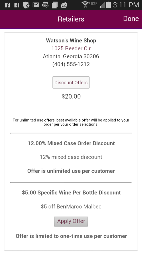 Calldera In-App Discount Offer Wine Promotion