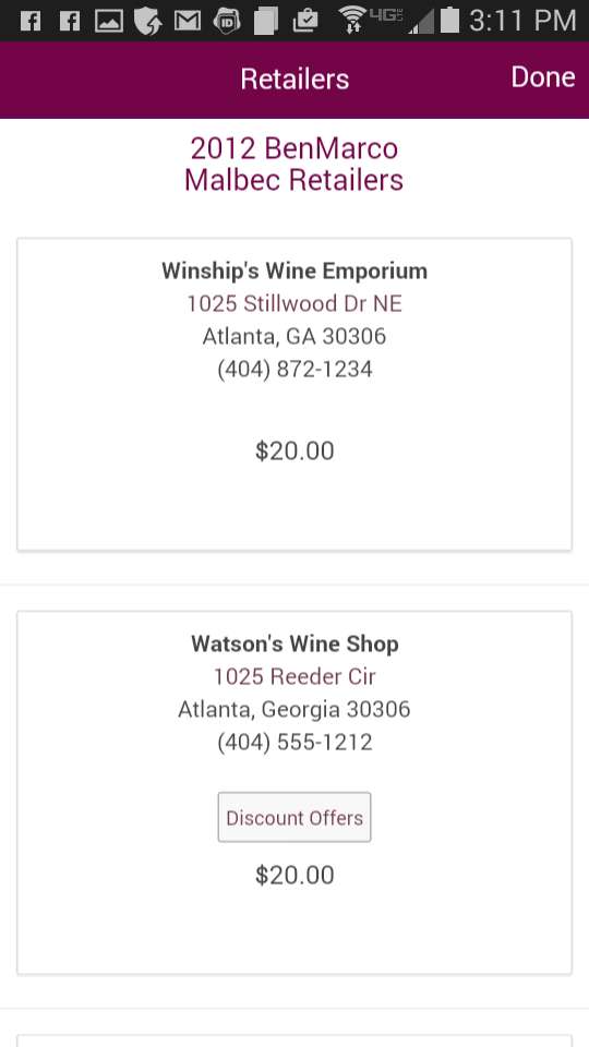 Calldera In-App Business Listing for Wine Promotion